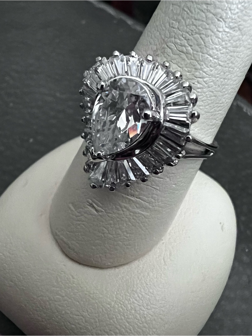 Sterling Silver Pear Halo Statement Ring with Clear Stone measures at a 6 1/2